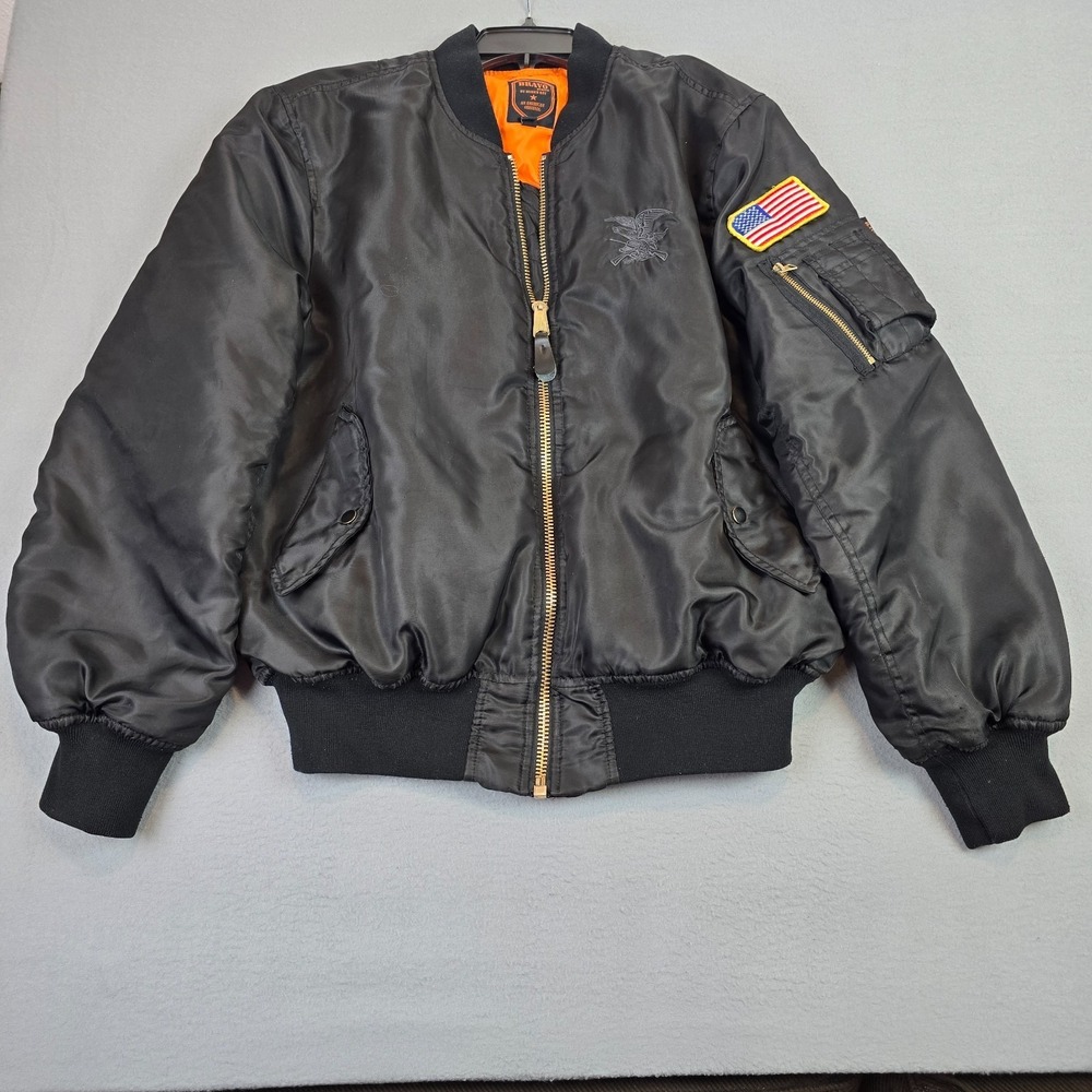 Flight Bomber Jacket XL Black Reversible Orange Military Style USA Patch Classic